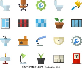 Color flat icon set window flat vector, paint roller, sink, toilet, house layout, tile, repair, home plant, fireplace, office chair, reading lamp, romantic dinner fector, doctor's