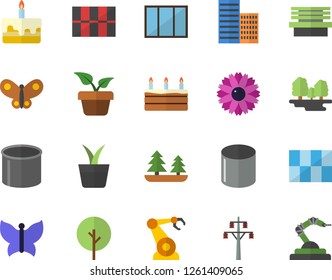 Color flat icon set window flat vector, skyscraper, tile, cake, home plant, tree, flower, butterflies, bench, forest, power line support, pipe production, robotics