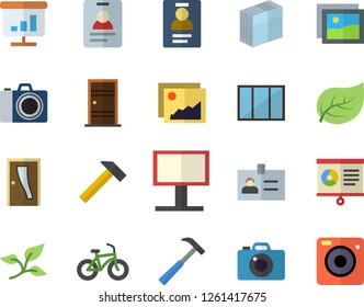 Color flat icon set window flat vector, Entrance door, hammer, tree leaf, billboard, chart, badge, sticker, bicycle, camera fector, gallery