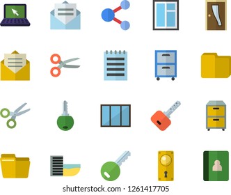 Color flat icon set window flat vector, Entrance door, lock, computer file, archive, laptop, notepad, hotel first line fector, key, share, scissors, message, notebook