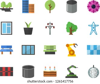 Color flat icon set window flat vector, skyscraper, tile, cake, home plant, tree, flower, bench, forest, power line support, pipe production, robotics, disco ball fector