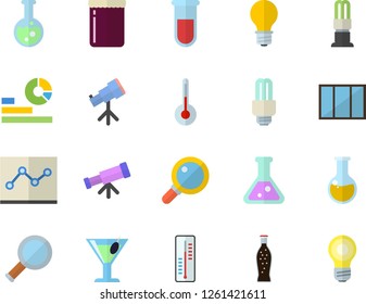 Color flat icon set window flat vector, temperature, lemonade, cocktail, jam, thermometer, lamp, energy saving, statistics, blood test, medical analysis, point diagram, flask, fector, magnifier