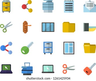 Color flat icon set window flat vector, door lock, computer file, copy machine, archive, laptop, notepad, hotel first line fector, key, share, scissors, message
