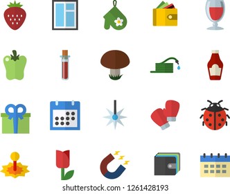 Color flat icon set window flat vector, potholder, ketchup, bell pepper, wine, Strawberry, mushroom, ladybird, hose, tulip, laser, magnet, purse, present, blood test, calendar, boxing gloves