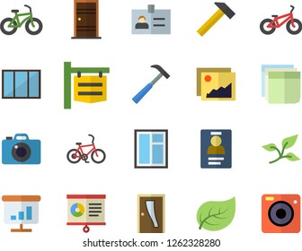 Color flat icon set window flat vector, Entrance door, hammer, tree leaf, signboard, chart, badge, sticker, bicycle, fector, gallery, camera