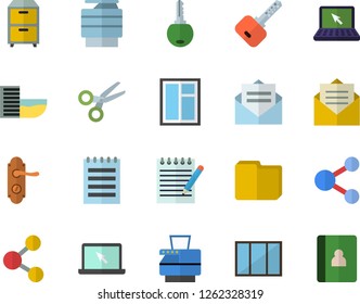 Color flat icon set window flat vector, door lock, computer file, copy machine, archive, laptop, notepad, hotel first line fector, share, scissors, message, key, notebook