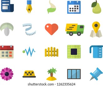 Color flat icon set window flat vector, meashuring cup, mushroom, pear, flower, fence, location, news, trucking, heart, stomach, calendar, ink pen, cpu, electric discharge fector, centimeter, island