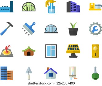 Color flat icon set window flat vector, trowel, door lock, skyscraper, repair, putty knife, warm floor, hammer, boiler, food processor, home plant, pulverizer, house, greenhouse, solar battery, key