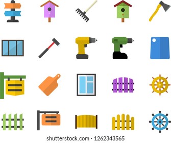Color flat icon set window flat vector, drill screwdriver, fence, ax, cutting board, nesting box, rake, signboard, pointer fector, steering wheel
