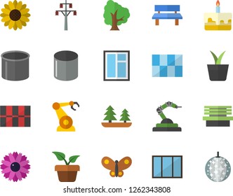 Color flat icon set window flat vector, tile, cake, home plant, tree, flower, butterflies, bench, forest, power line support, pipe production, robotics, disco ball fector