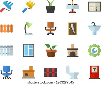 Color flat icon set window flat vector, paint roller, sink, toilet, house layout, Entrance door, tile, repair, heating batteries, home plant, fireplace, office chair, reading lamp, doctor's