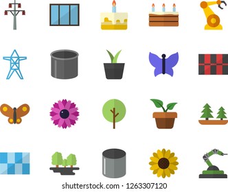 Color flat icon set window flat vector, tile, cake, home plant, tree, flower, butterflies, forest, power line support, pipe production, robotics