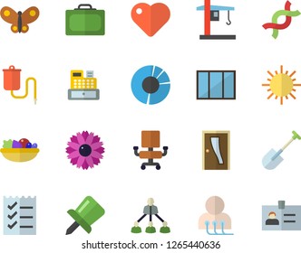 Color flat icon set window flat vector, Entrance door, salad, flower, shovel, sun, butterflies, crane, cash machine, medical warmer, heart, diagnostics, DNA, drawing pin, clircle diagram, to do list