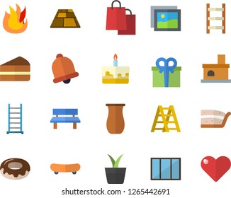 Color flat icon set window flat vector, ladder, flooring, fire, jugful, piece of cake, donut, home plant, bench, fireplace, bags, present, skateboard, bell, gallery, heart