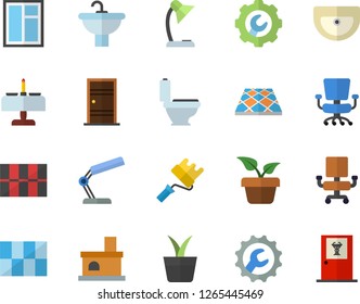Color flat icon set window flat vector, paint roller, sink, toilet, Entrance door, tile, repair, flooring, home plant, fireplace, office chair, reading lamp, romantic dinner fector, doctor's