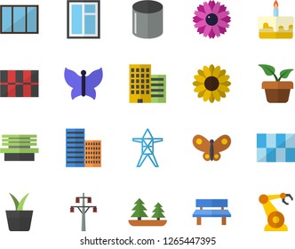 Color flat icon set window flat vector, skyscraper, tile, cake, home plant, flower, butterflies, bench, forest, power line support, pipe production, robotics