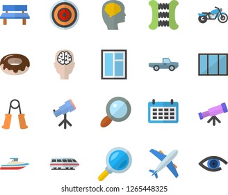 Color flat icon set window flat vector, induction cooker, donut, pickup truck, bench, magnifier, calendar, telescope, brain fector, carpal expander, train, motorcycle, aircraft, yacht, eye