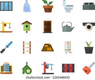 Color flat icon set window flat vector, toilet, Entrance door, tile, brick, flooring, boiler, teapot, potholder, kitchen spatula, towel, nesting box, home plant, ladder, crane, hotel fector, key