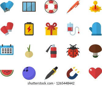 Color flat icon set window flat vector, potholder, watermelon, onion, mushroom, ladybird, battery, laser, magnet, calendar, present, blood transfusion, pen, bowling ball, boxing gloves, heart