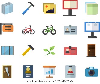 Color flat icon set window flat vector, Entrance door, hammer, tree leaf, signboard, billboard, chart, badge, sticker, bicycle, fector, gallery, camera