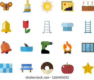 Color flat icon set window flat vector, drill screwdriver, ladder, tile, cook hat, cake, donut, tomato, paint brush, tulip, butterflies, bonfire, bench, sun fector, shark, bell, gallery, favorites