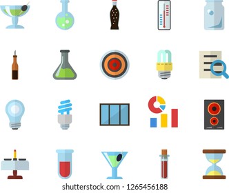 Color flat icon set window flat vector, energy saving lamp, induction cooker, sauce, lemonade, cocktail, thermometer, chemistry, glass bottles, statistics, blood test, magnifier, flask, bulb, fector