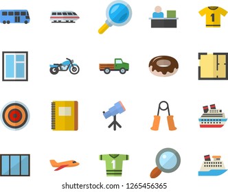Color flat icon set window flat vector, house layout, induction cooker, donut, pickup truck, magnifier, office worker, notebook, telescope, carpal expander, sport T shirt, aircraft fector, train