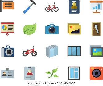 Color flat icon set window flat vector, Entrance door, hammer, tree leaf, signboard, chart, badge, sticker, bicycle, fector, camera, gallery