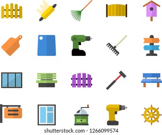 Color flat icon set window flat vector, drill screwdriver, fence, ax, rolling pin, cutting board, coffee grinder, nesting box, rake, bench, signboard, pointer fector, steering wheel