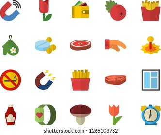 Color flat icon set window flat vector, potholder, chop, ketchup, French fries, cranberry, mushroom, tulip, laser, magnet, purse, pills, fitness bracelet, no smoking fector, alarm clock