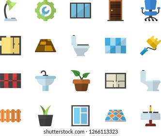 Color flat icon set window flat vector, paint roller, sink, toilet, house layout, Entrance door, tile, repair, flooring, heating batteries, home plant, office chair, reading lamp