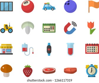 Color flat icon set window flat vector, chop, mushroom, Strawberry, grain warehouse, tractor, tulip, magnet, flag, calendar, blood transfusion, test, bowling ball, fitness bracelet, car fector