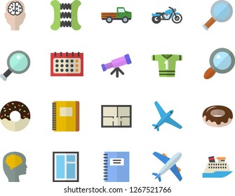Color flat icon set window flat vector, house layout, donut, pickup truck, magnifier, calendar, notebook, telescope, brain fector, carpal expander, sport T shirt, aircraft, motorcycle, cruise ship