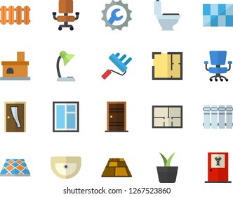 Color flat icon set window flat vector, paint roller, sink, toilet, house layout, Entrance door, tile, repair, flooring, heating batteries, home plant, fireplace, office chair, reading lamp