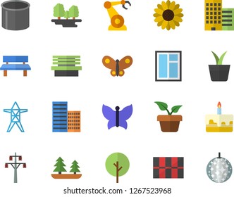 Color flat icon set window flat vector, skyscraper, tile, cake, home plant, tree, flower, butterflies, bench, forest, power line support, pipe production, robotics, disco ball fector