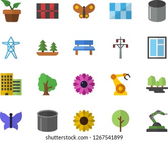 Color flat icon set window flat vector, skyscraper, tile, home plant, tree, flower, butterflies, bench, forest, power line support, pipe production, robotics