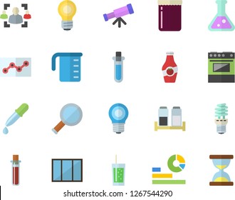 Color flat icon set window flat vector, meashuring cup, electric stove, spice, soda, jam, ketchup, lamp, energy saving, statistics, pipette, blood test, recruitment, point diagram, flask, bulb
