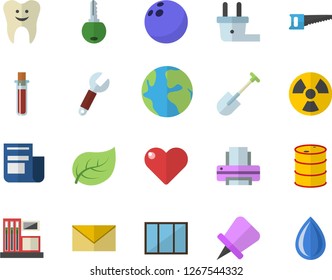 Color flat icon set window flat vector, shovel, saw, gas station, tree leaf, oil tanks, plug socket, radiation, wrench, earth, news, blood test, tooth, printer, bowling ball, drawing pin, envelope
