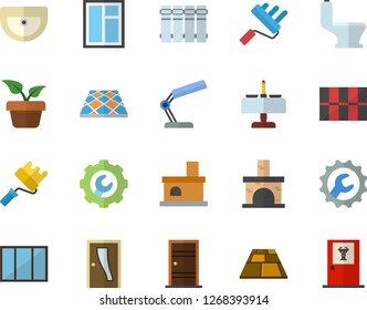 Color flat icon set window flat vector, paint roller, sink, toilet, Entrance door, tile, repair, flooring, heating batteries, home plant, fireplace, reading lamp, romantic dinner fector