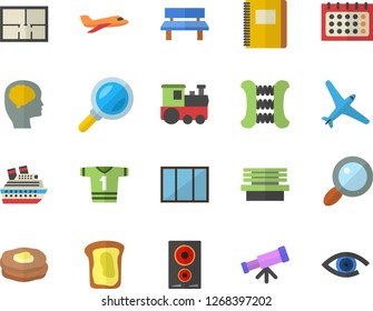 Color flat icon set window flat vector, house layout, induction cooker, sandwich, pancakes, bench, magnifier, calendar, notebook, telescope, brain fector, carpal expander, sport T shirt, aircraft