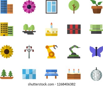 Color flat icon set window flat vector, skyscraper, tile, cake, home plant, tree, flower, butterflies, bench, forest, power line support, robotics, disco ball fector