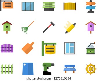 Color flat icon set window flat vector, drill screwdriver, fence, ax, rolling pin, cutting board, coffee grinder, nesting box, rake, bench, signboard, pointer fector, steering wheel