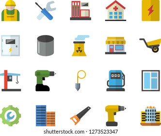 Color flat icon set window flat vector, tool, drill screwdriver, saw, skyscraper, switch box, repair, construction plummet, grain warehouse, garden wheelbarrow, gas station, refueling, worker, crane