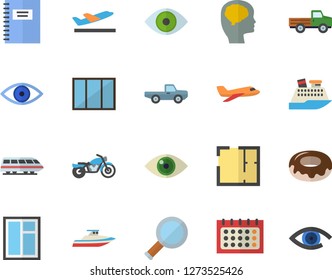 Color flat icon set window flat vector, house layout, donut, pickup truck, calendar, eye, magnifier, notebook, brain fector, aircraft, train, motorcycle, departure, cruise ship, yacht