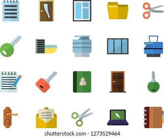 Color flat icon set window flat vector, Entrance door, lock, computer file, copy machine, laptop, notepad, hotel first line fector, key, scissors, message, notebook