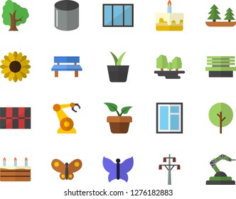 Color flat icon set window flat vector, tile, cake, home plant, tree, flower, butterflies, bench, forest, power line support, pipe production, robotics