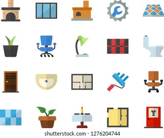 Color flat icon set window flat vector, paint roller, sink, toilet, house layout, Entrance door, tile, repair, flooring, home plant, fireplace, office chair, reading lamp, romantic dinner fector