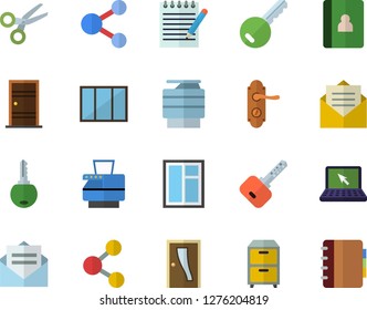 Color flat icon set window flat vector, Entrance door, lock, copy machine, archive, laptop, notepad, key fector, share, scissors, message, notebook