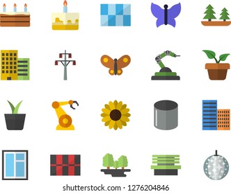 Color flat icon set window flat vector, skyscraper, tile, cake, home plant, flower, butterflies, bench, forest, power line support, pipe production, robotics, disco ball fector
