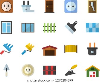 Color flat icon set window flat vector, trowel, paint roller, Entrance door, sockets, tile, putty knife, fence, socket, plug, warehouse